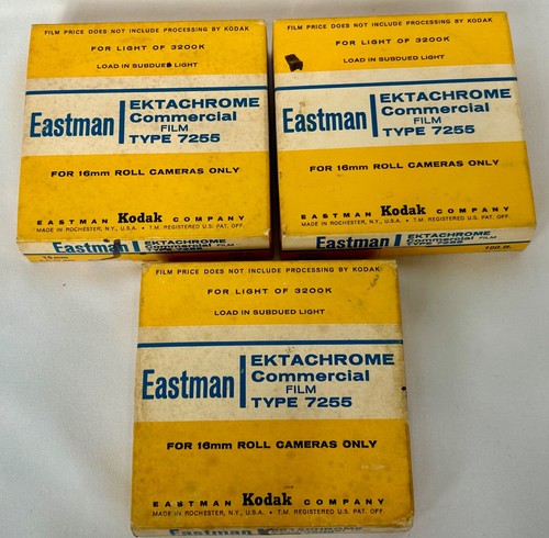 Set Of 3 Kodak Eastman Ektachrome Commercial Film Type 7255 100ft 16mm Cameras