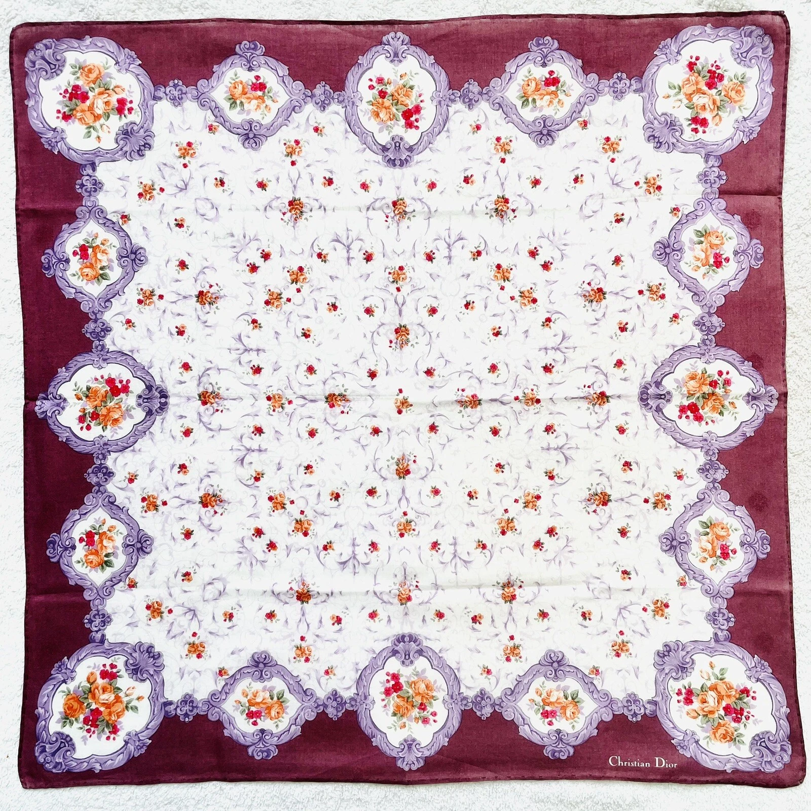 Christian Dior mini scarf handkerchief flowers dots women bag hair Vintage