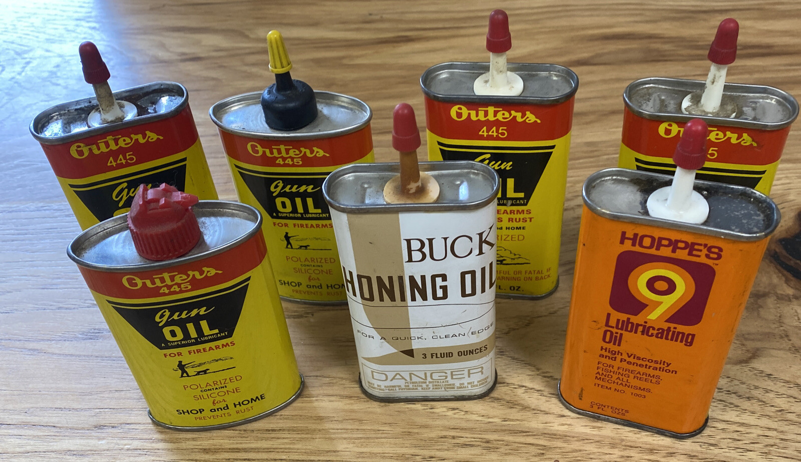 7 Vintage Metal Gun + Knife Oil Cans Oilers Outers Hoppes Buck Some Contents eBay