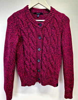 Gant Strickjacke Zopfmuster Pullover Lammwolle Rundhals Damen S Lila EXC16