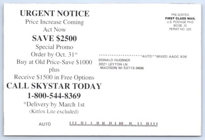 Postcard Skystar Kitfox Airplane Kits Outback Voyager Classic IV