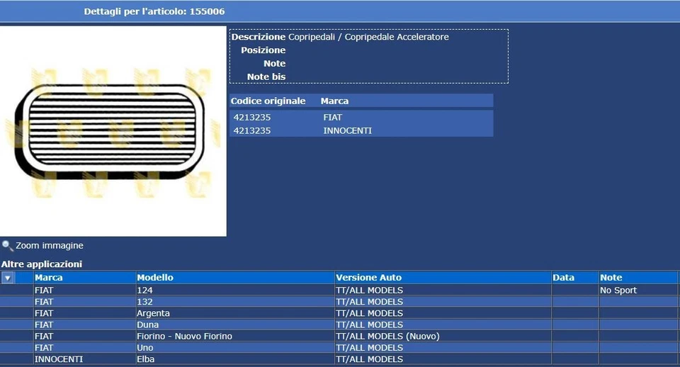 Per Fiat 124 Sport Spider 1.8 Sport (CS1) 112cv 01/72-12/1977 Copripedale Accel. Foto 3 de 3