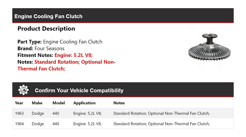 Муфта вентилятора охлаждения двигателя V8 1963-1964 Dodge 440 5,2 л 4 сезона - Изображение 2 из 4