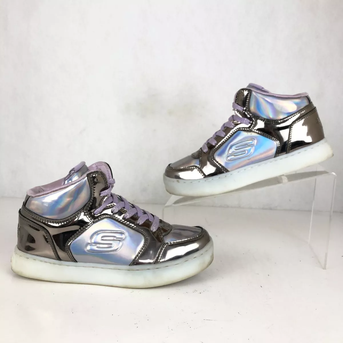 Skechers Girl s Size 3.5 Energy Lights Silver Purple High Top