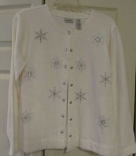 Pretty New White Knit Jacket With Beaded And Sequined Snowflakes~medium