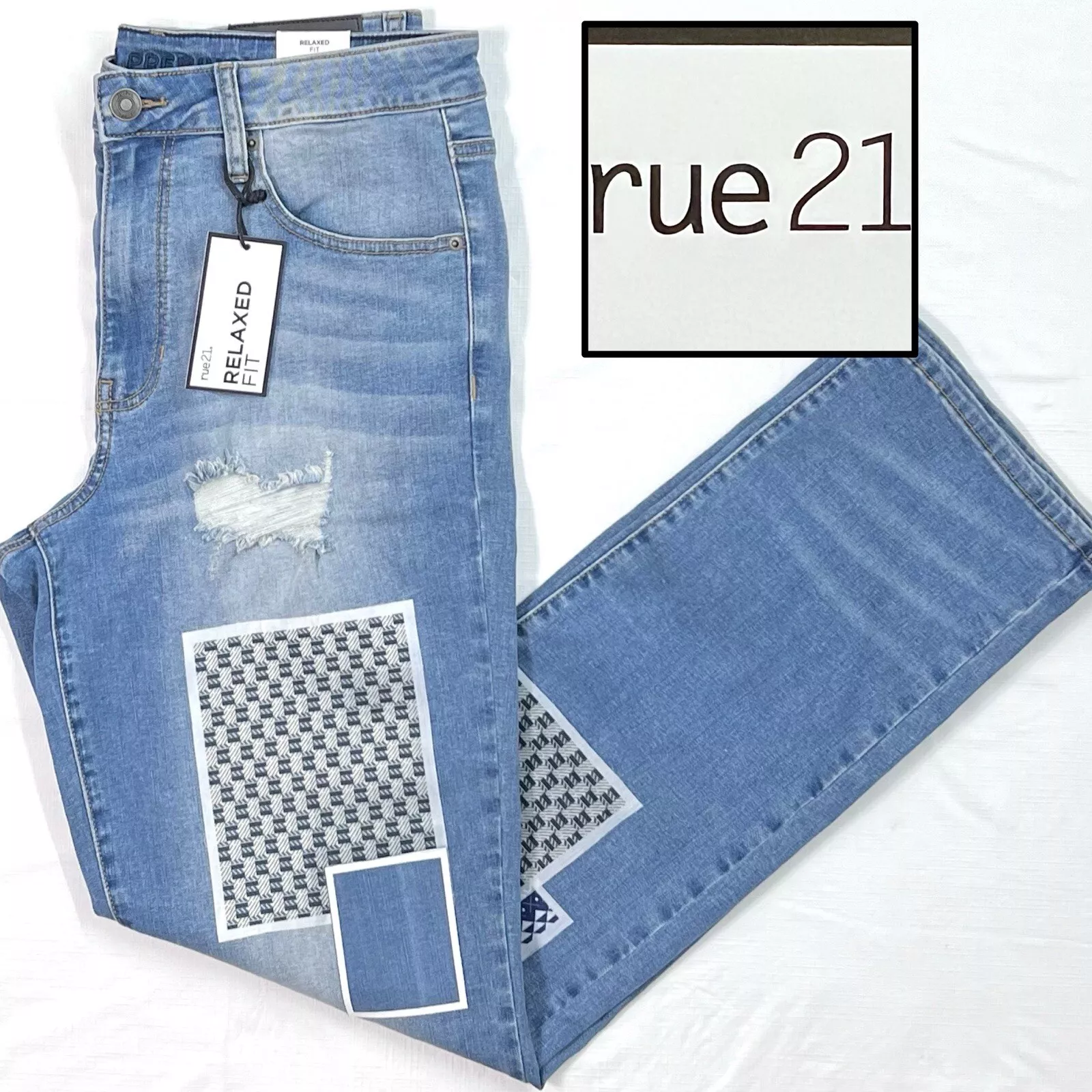 Pantalon jean denim vieilli 32 x 34 neuf avec étiquette RUE21 homme décontracté supreme flex patchs