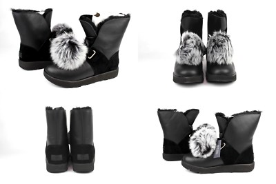 UGG Australia Isley Waterproof Leather Pom Pom BOOTS Black 1018605