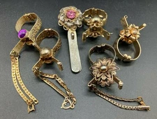 6 Victorian Revival scarf/glove clip w/ purse chain Filigree Bejeweled 1950s LOT