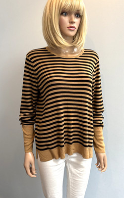 Eileen Fisher Pullover Tencel & Seide Mischung camel & schwarz gestreift UK L B42'' UVP 235 £
