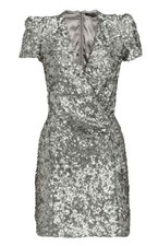 French Connection Silver Sequinned Mini Wrap Style Dress Samantha UK8
