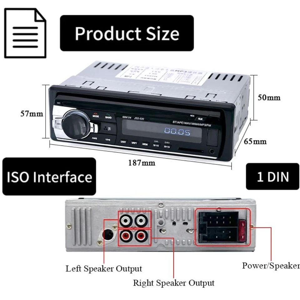 Autoradio Bluetooth 1DIN Stereo Auto 65Wx4 | MP3 USB SD AUX FM Radio | Display L - Immagine 4 di 4