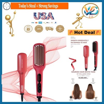 Pro Ceramic Ionic Hair Straightener Brush Fast Heating Auto-Off Red
