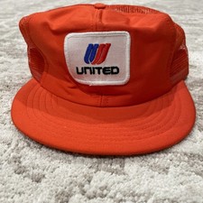 Vintage United Airlines Patch Mesh Orange Snapback Hat Cap Pro Fit Made In USA