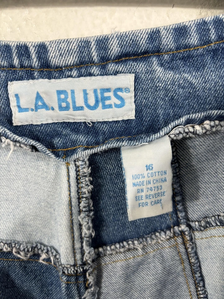 Pantalones Cortos Vintage L.A. Azul Mujer 16 Retazos Denim Tiro Alto Deshilachado Años 90 Y2K Foto 4 de 4