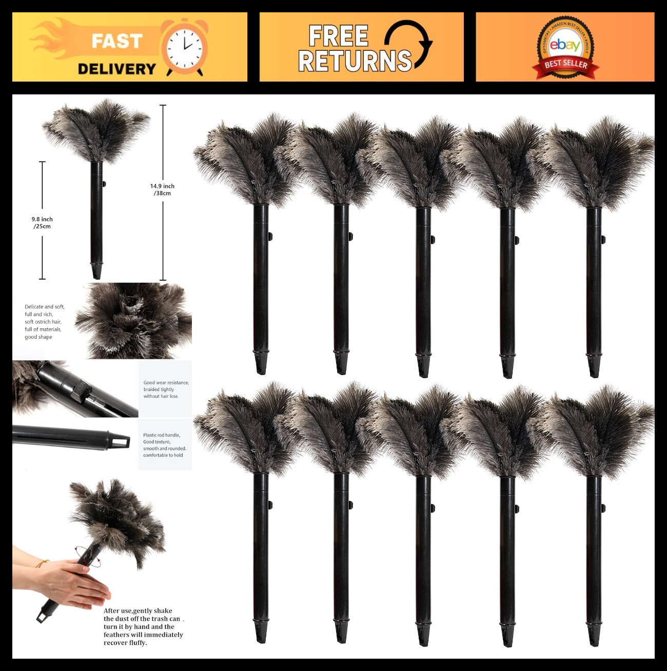 15" Retractable Ostrich Feather Duster - Eco-Friendly Handheld Cleaning Tool, 10