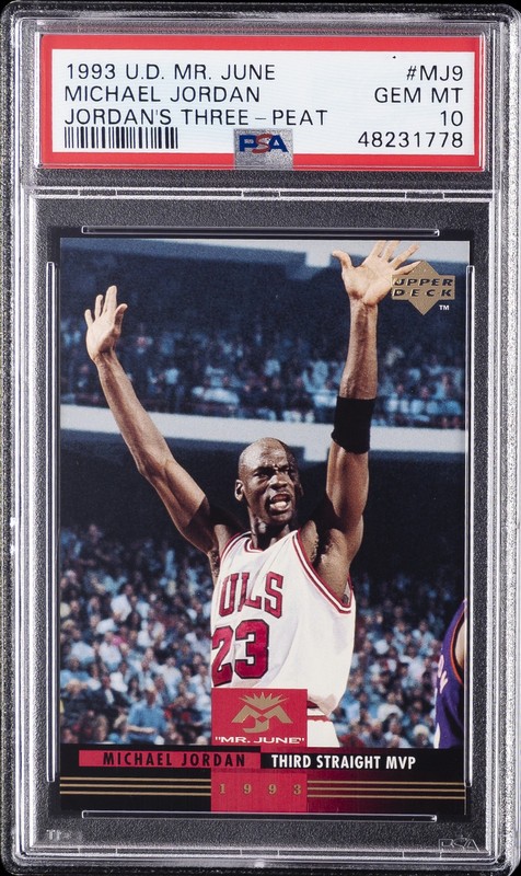 1993 UD MR. JUNE JORDAN'S THREE-PEAT #MJ9 MICHAEL JORDAN PSA 10