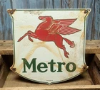 Vintage Mobil Metro Porcelain Metal Shield Sign Oil Gas Pegasus (Texlite Dallas)