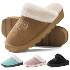 YOLIS Women's Fuzzy Slippers Western Cowboy House Shoes Square Toe Suede Slides