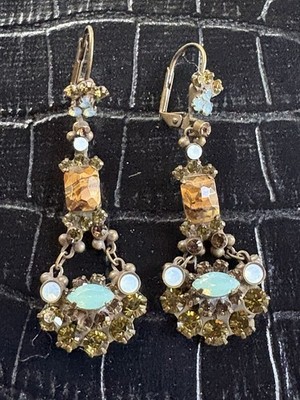 VTG Sorelli Earrings Bronze Dangle Faceted Stones Tiger s Eye Iridescent Blue