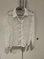 Shein Sheer Textured White Button Up Blouse Long Sleeve Size M / UK 10