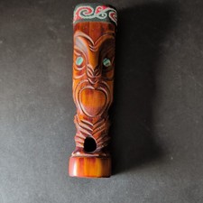 Maori Tiki Totem Hand Carved New Zealand Paua Shell Eyes Tekoteko 9 inch tall