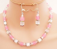 Schmuckset Halskette Ohrringe WüRfel Rosa Glas Transparent AB Strass 423