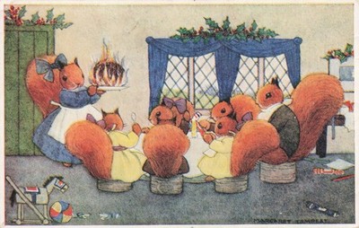 Margaret Tempest Weihnachten Pudding Postkarte Vintage Eichhörnchen Illustration