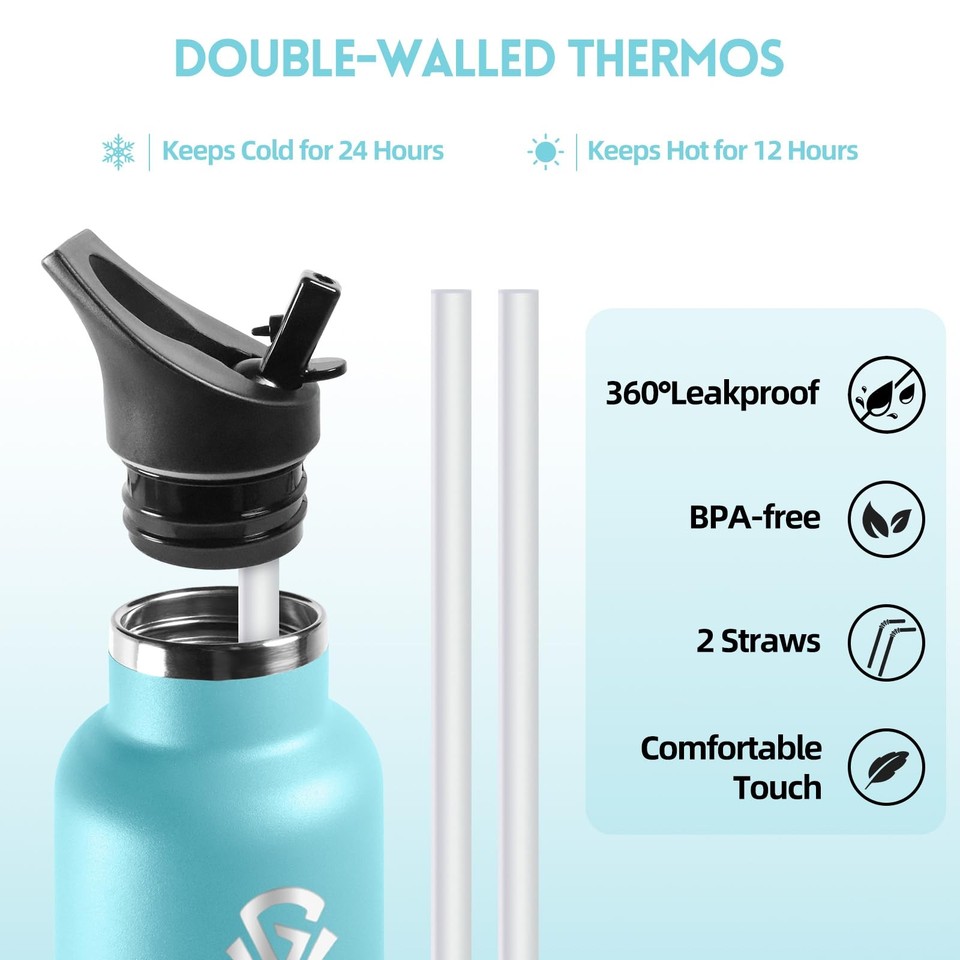 B.box Isolierte Edelstahl-Trinkflasche – Hält 15 H Kalt, 8 H Warm, 500 Ml, Mit Strohhalm