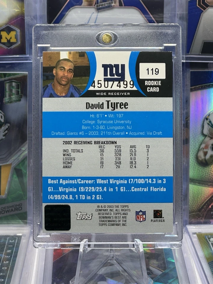 Bowmans Best Rookie RC 2003 autógrafo automático/499 azul David Tyree New York Giants Foto 2 de 2