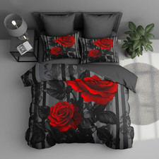 Black Red Comforter Set King Size Women Red Rose Bedding Set with Black Grey Str