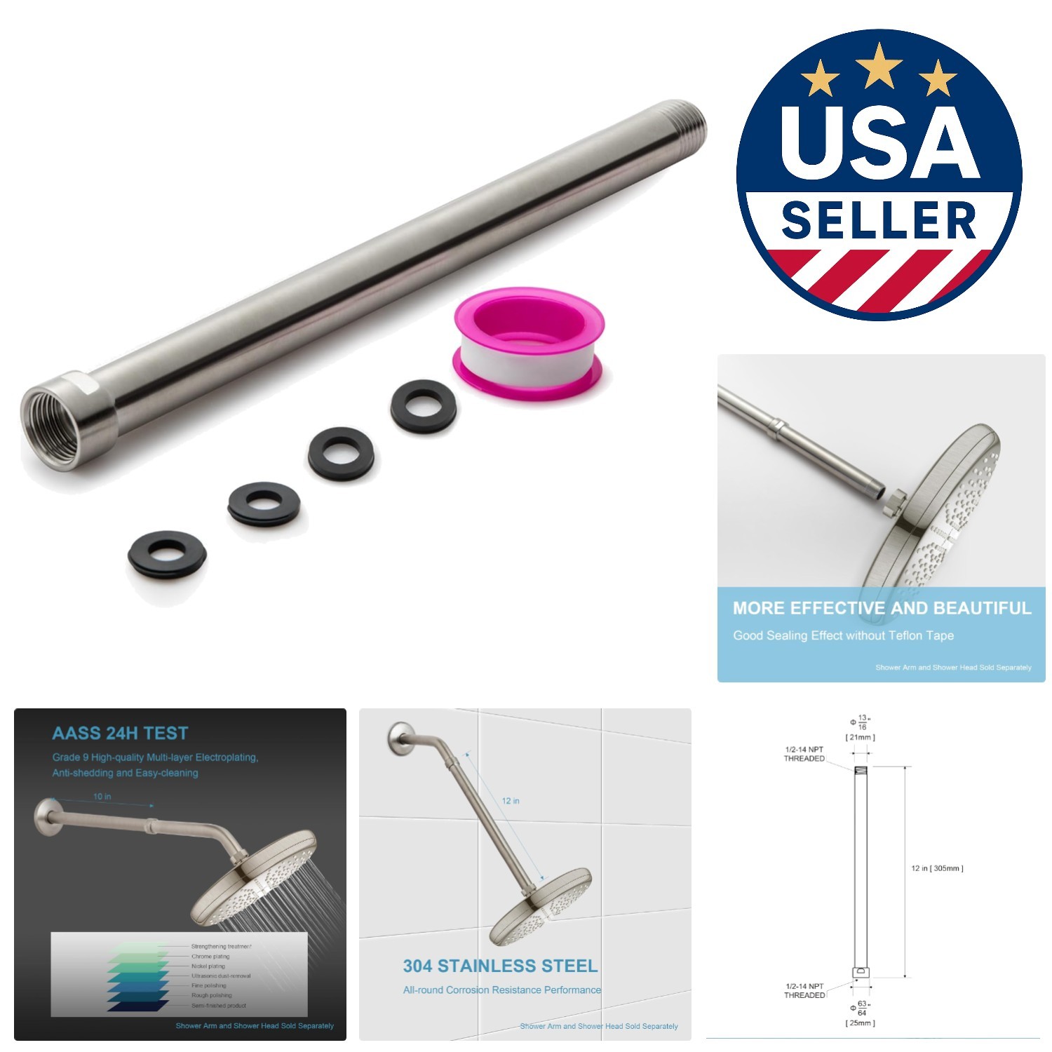 12-inch Shower Head Extension Arm - Durable Stainless Steel 