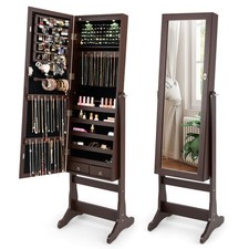 COSTWAY Freestanding Jewelry Armoire Cabinet Lockable Jewelry Organizer-Brown