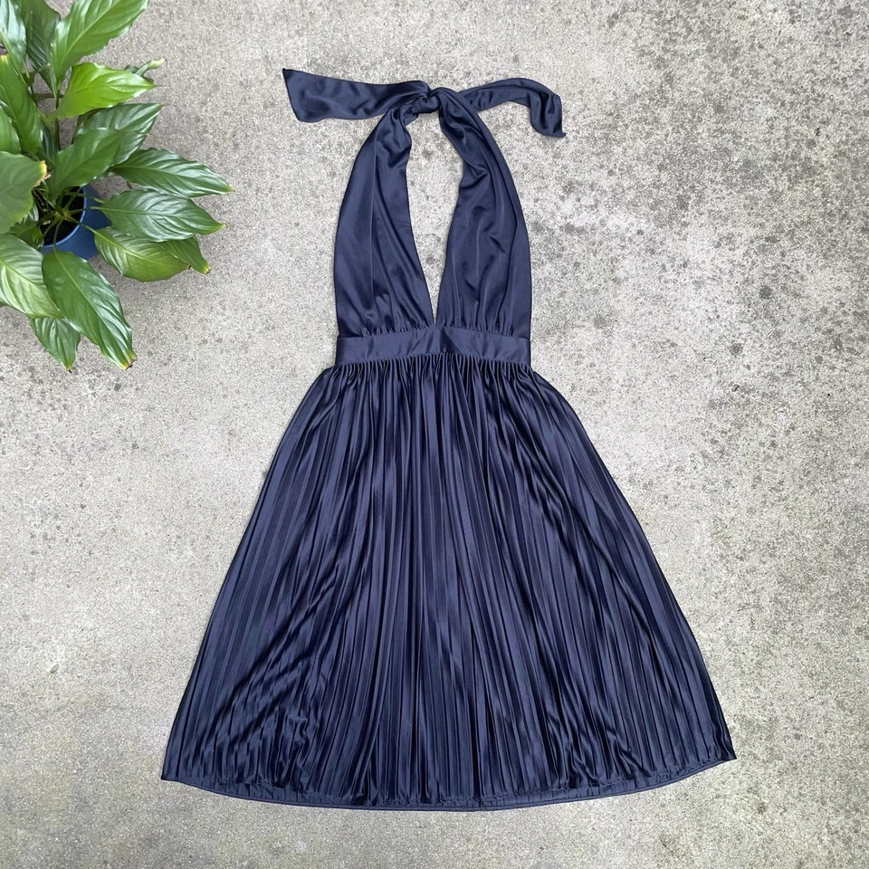 Vintage 1970-80s TUSSI Australian Designer Black Satin Halter Midi Dress XXS/XS