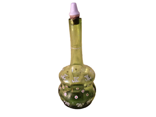 Antique Bohemian Green Glass Barber Bottle with Pour Spout White Enamel Flowers