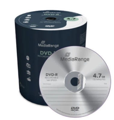 100 dischi vuoti mediarange DVD-R 16x 4,7 GB 120 minuti tubo hard core MR442