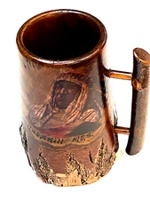 CATSKILL MTS FINE LIVE EDGE WOOD SOUVENIR MUG MASSIVE INDIAN CHIEF DECAL  #242