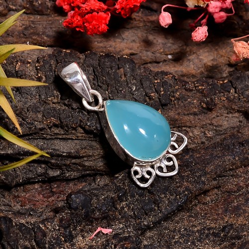 Boucles d'oreilles pendantes calcédoine bleue : argent sterling oxydé poire, style bohème - France