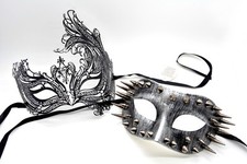 Couple Men Women Black Laser Cut Filigree Spike Venetian Masquerade Mask