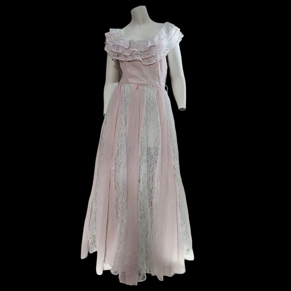 Vintage Prom Dress Halloween Costume Pink Lace Handmade Prairie Cottagecore Gown - Image 2 of 4