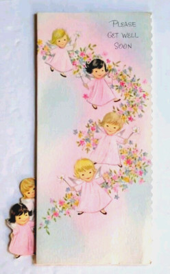Vintage Get Well Card Unused Adorable Angels Walking Among Flowers  