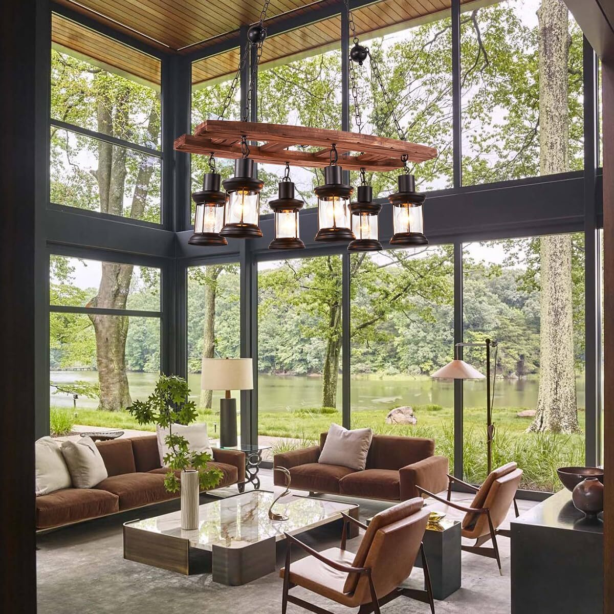 6-Light Wooden Chandelier Vintage Pendant Light Hanging Ceiling Fixture Lamps
