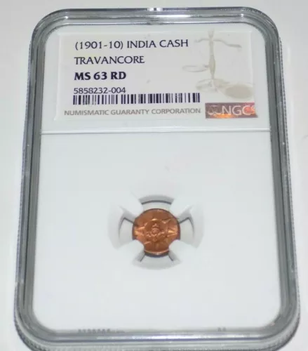 TRAVANCORE (1901-1910) INDIA CASH NGC MS63RD MS 63 RD Certified Indian Coin 