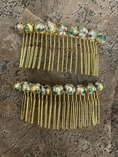 2 Vintage GOLD Flora Cloisonne Bead Metal Hair Combs
