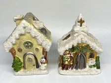 Christmas Village House and Church 4" Porcelain Tea Light Candle Holders Vintage
