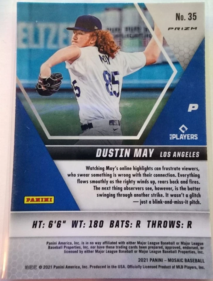 2021 Panini Mosaic Dustin May Los Angeles Dodgers #35 - Image 2 of 2