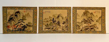 Chinese 3 Hand Painted Silk Watercolor Mountain Paintings Brocade Mount 9" x 11"