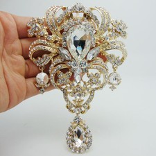 Fashion Style Flower Drop Pendant Brooch Pin Clear Rhinestone Crystal