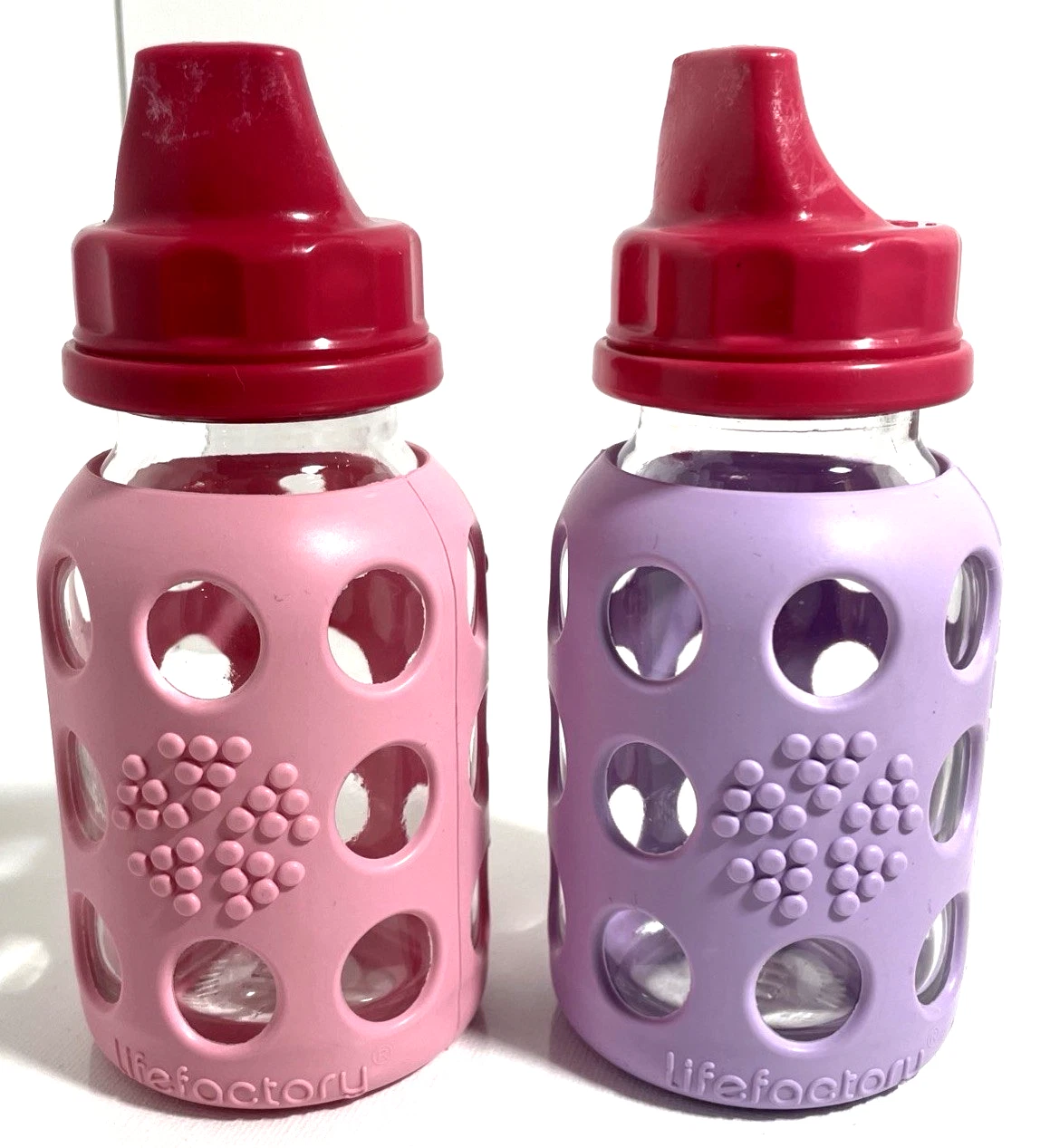 Lifefactory Glass Sippy Bottle Pink/Lavender Silicone Sleeve 5 Oz Lot of 2
