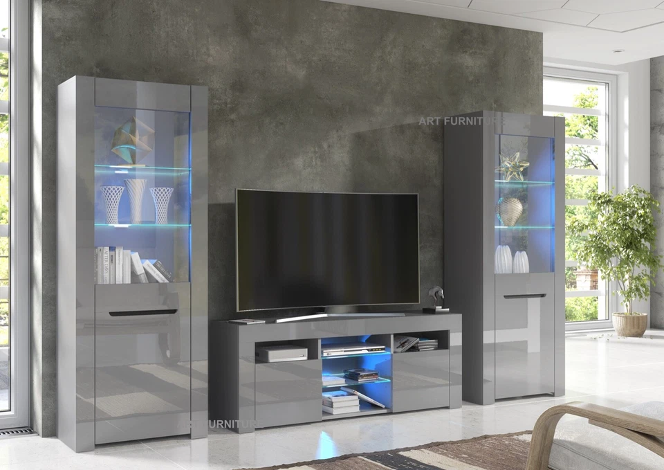 TV Unit High Gloss Grey &Matt Living Room Set Stand Display Cabinets LED Lights