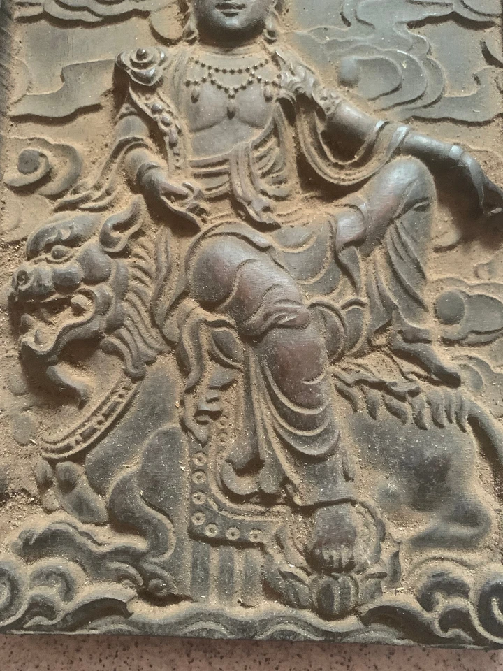 Madeira tibetana grande de 8,7 polegadas esculpida à mão *Bodhisattva na besta* TangKa - Imagem 3 de 4